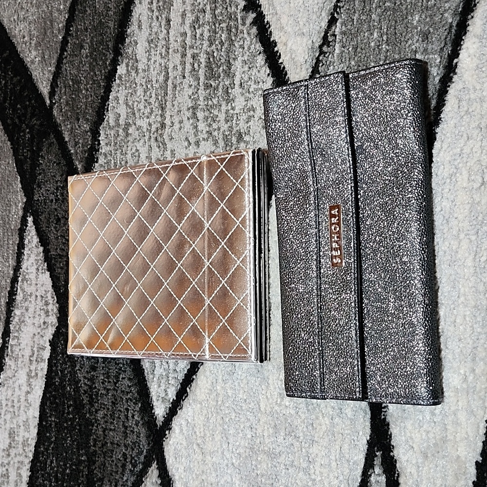 FOLDABLE PORTABLE SILVER MIRROR & SEPHORA SHIMMER MAKEUP BRUSH HOLDER WALLET